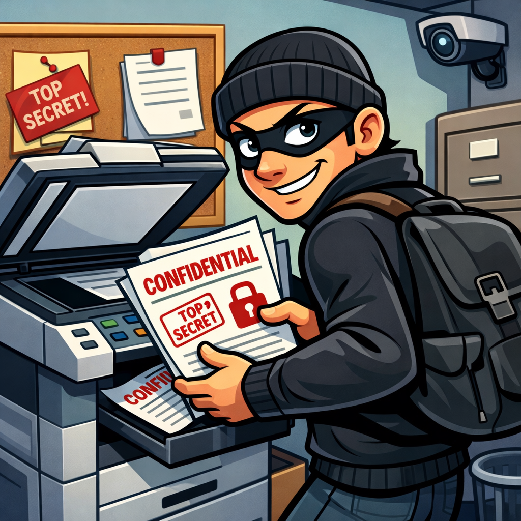 Printer with warning symbol — reminder to protect personal information